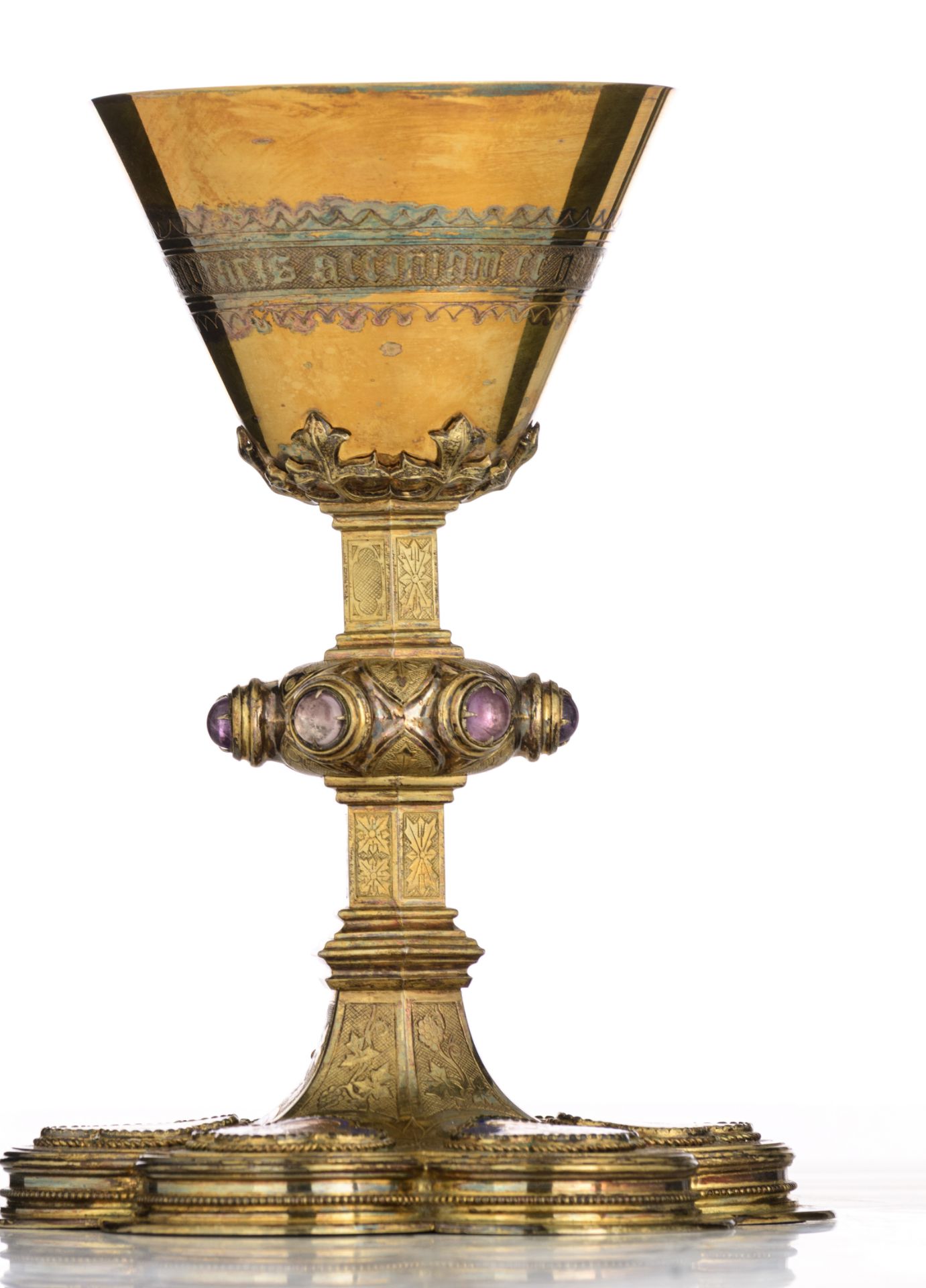 A six-lobed silver, gilt silver and partly blue enamelled Gothic Revival chalice set with cabochon-c - Image 5 of 20