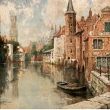 Indistinctly signed (T. Haddessier...?), a view on the Quay of the Rosary in Bruges, oil on cardboar