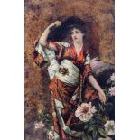 No visible signature, a European lady dressed as a geisha, oil on gilt leather, Japonism, ca 1880, 2