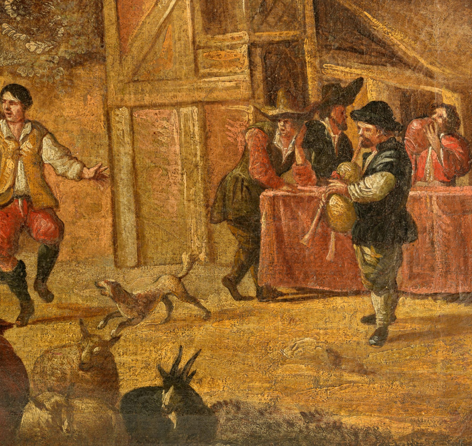 No visible signature, dancing shepherds before an inn, 17thC, oil on canvas, 96 x 115 cm - Bild 5 aus 8