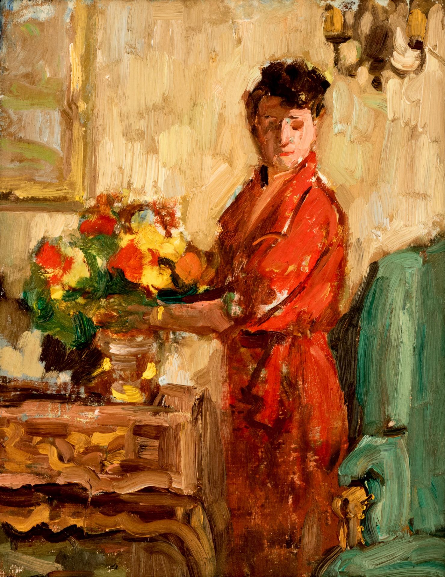 No visible signature, a lady with flowers in an interior, oil on canvas on hardboard, 32 x 40 cm