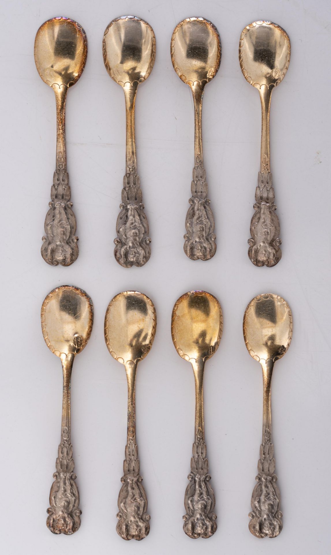 A set of eight Neoclassical silver salts with the blue glass liners and the matching spoons, French - Image 9 of 47