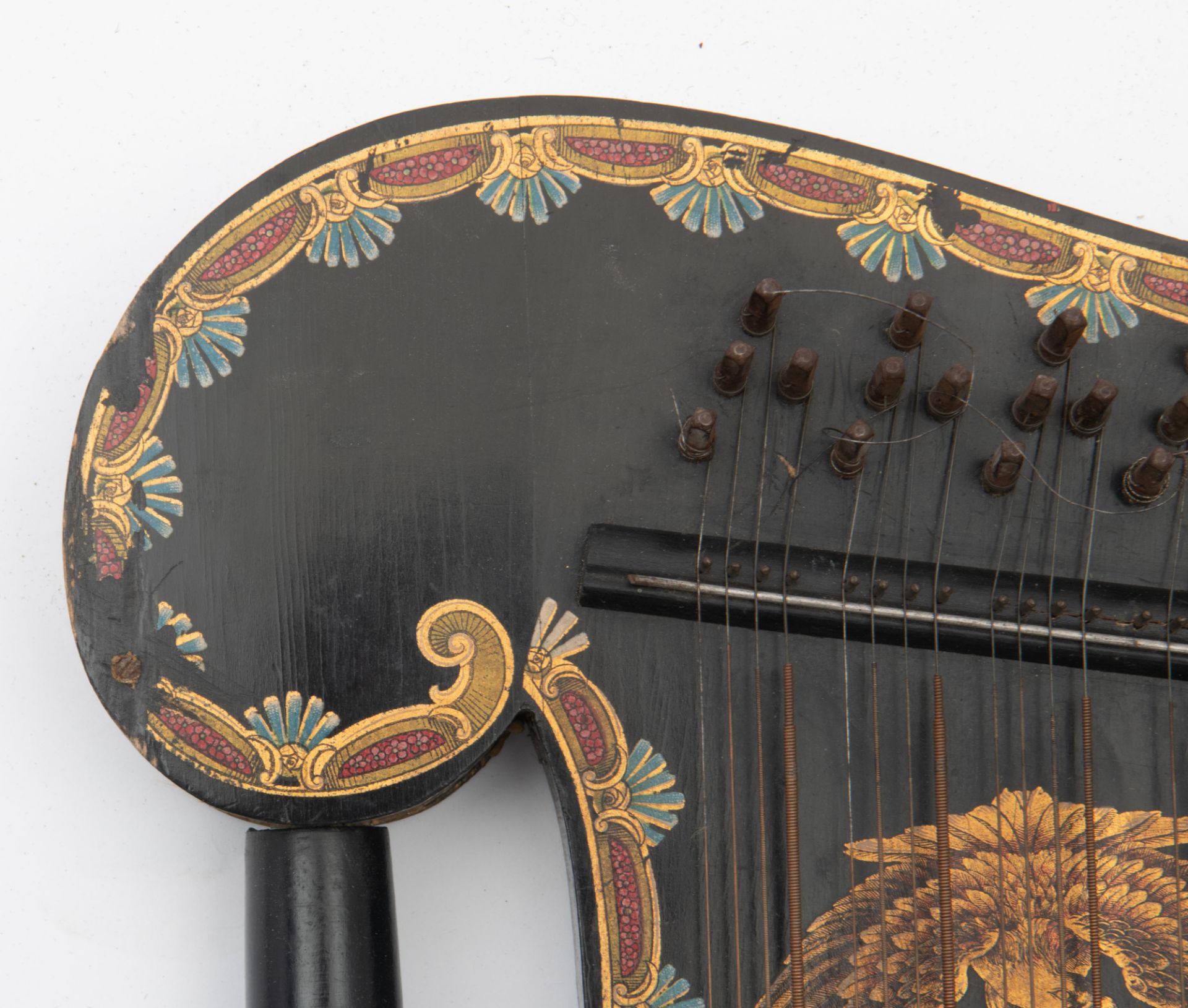 A belle ‚poque ebonised German 'harp-zither', decorated with a hand-painted eagle and Art Nouveau fl - Image 7 of 10