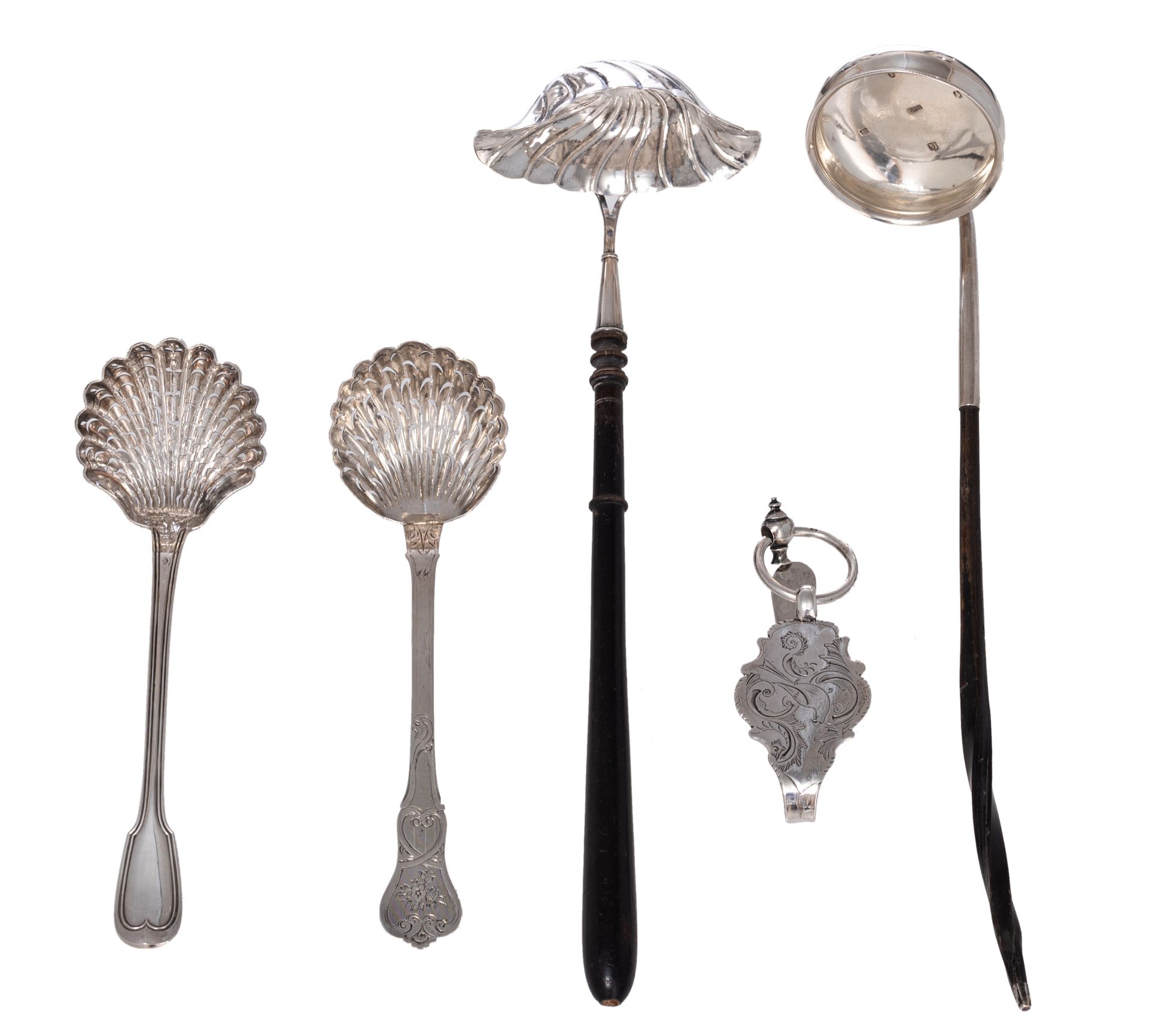 Two Paris hallmarked sugar sifter ladles, one with maker's mark of Philippe Berthiez (ca. 1840, weig