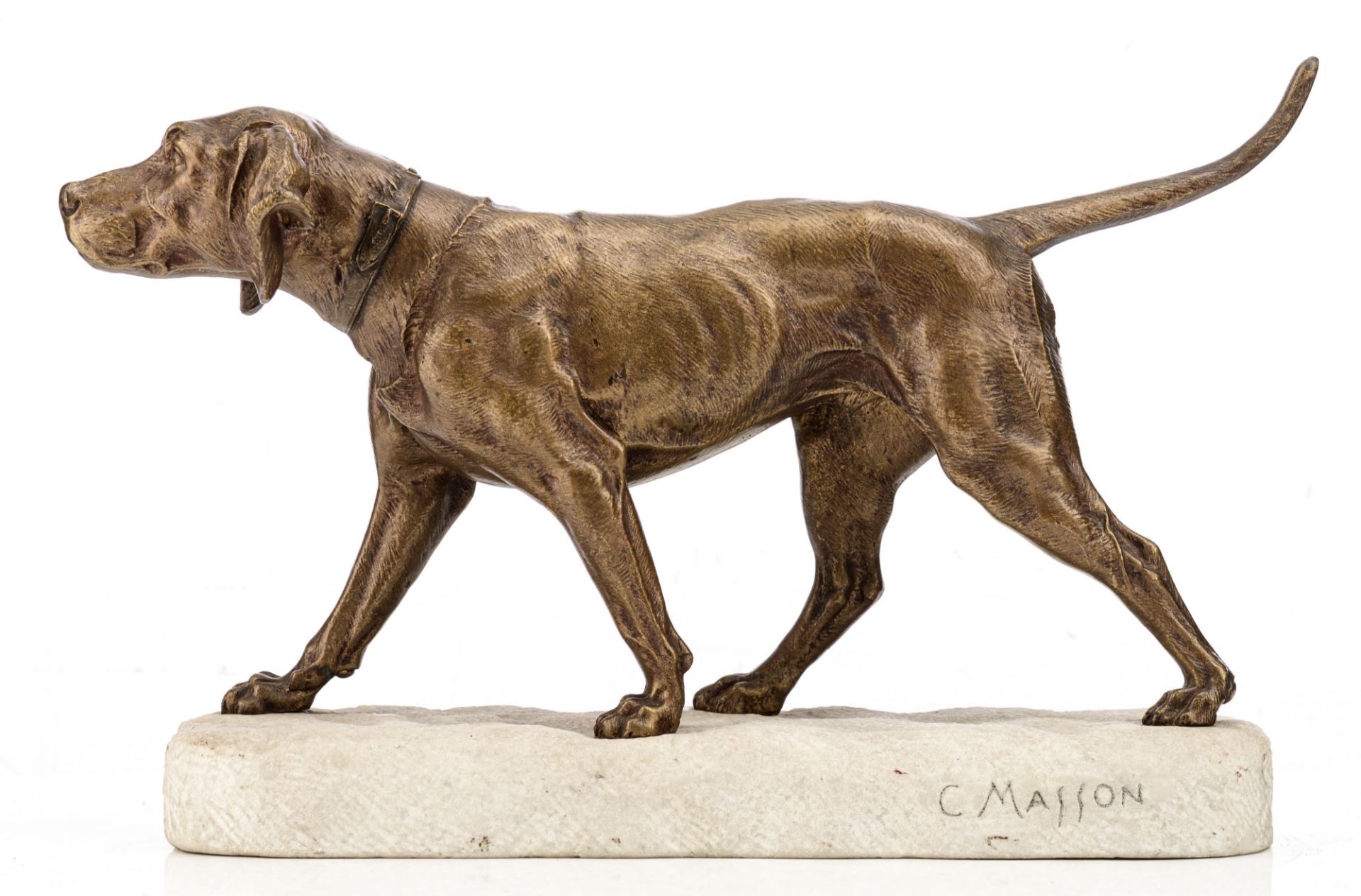 Masson C. the loyal dog, patinated bronze on a stone base, H 18,5 - 22,5 cm (without - with base) - Image 4 of 8