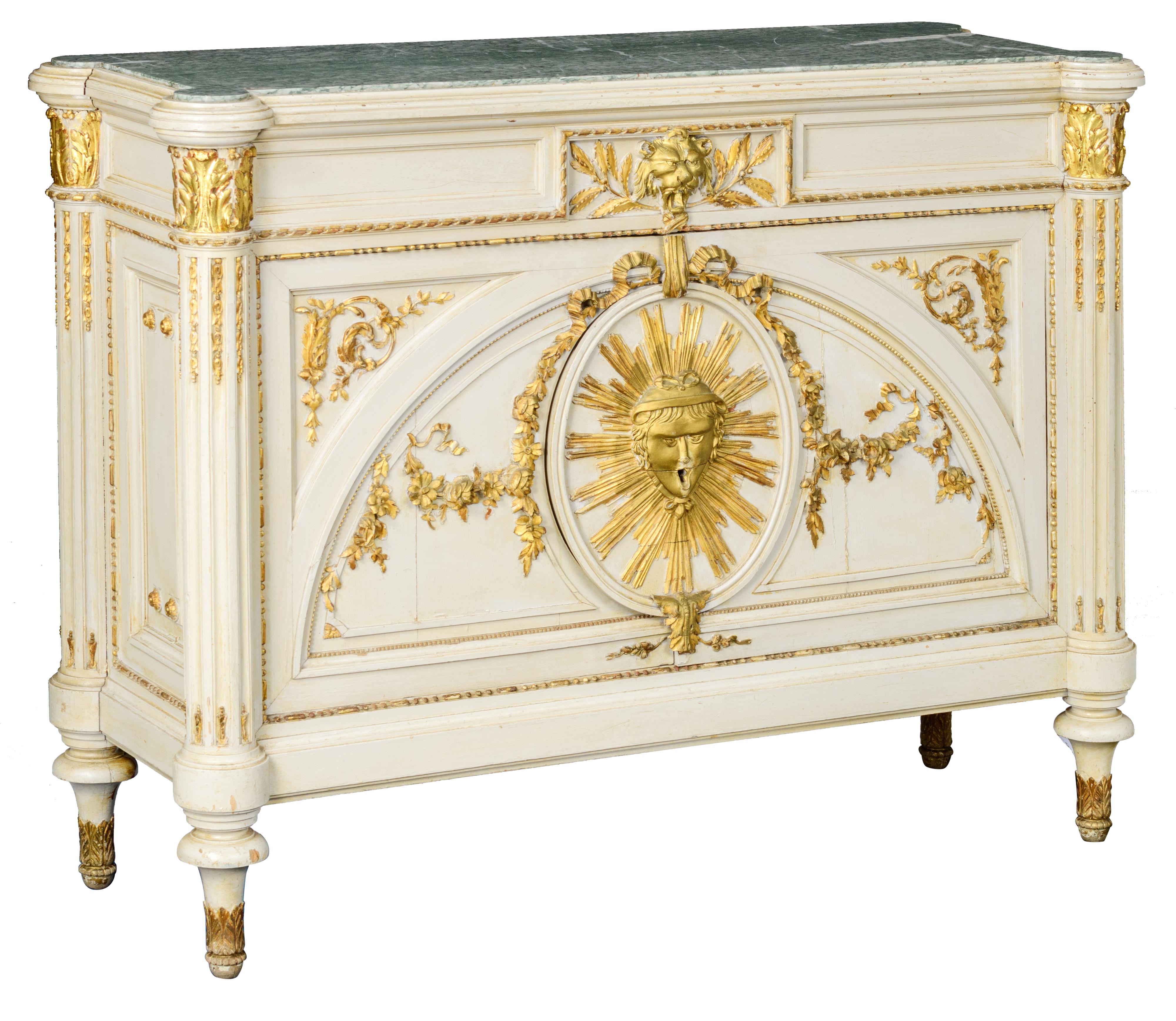 A patinated and gilt painted Neoclassical commode, decorated with carved garlands, acanthus leaves a