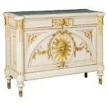 A patinated and gilt painted Neoclassical commode, decorated with carved garlands, acanthus leaves a