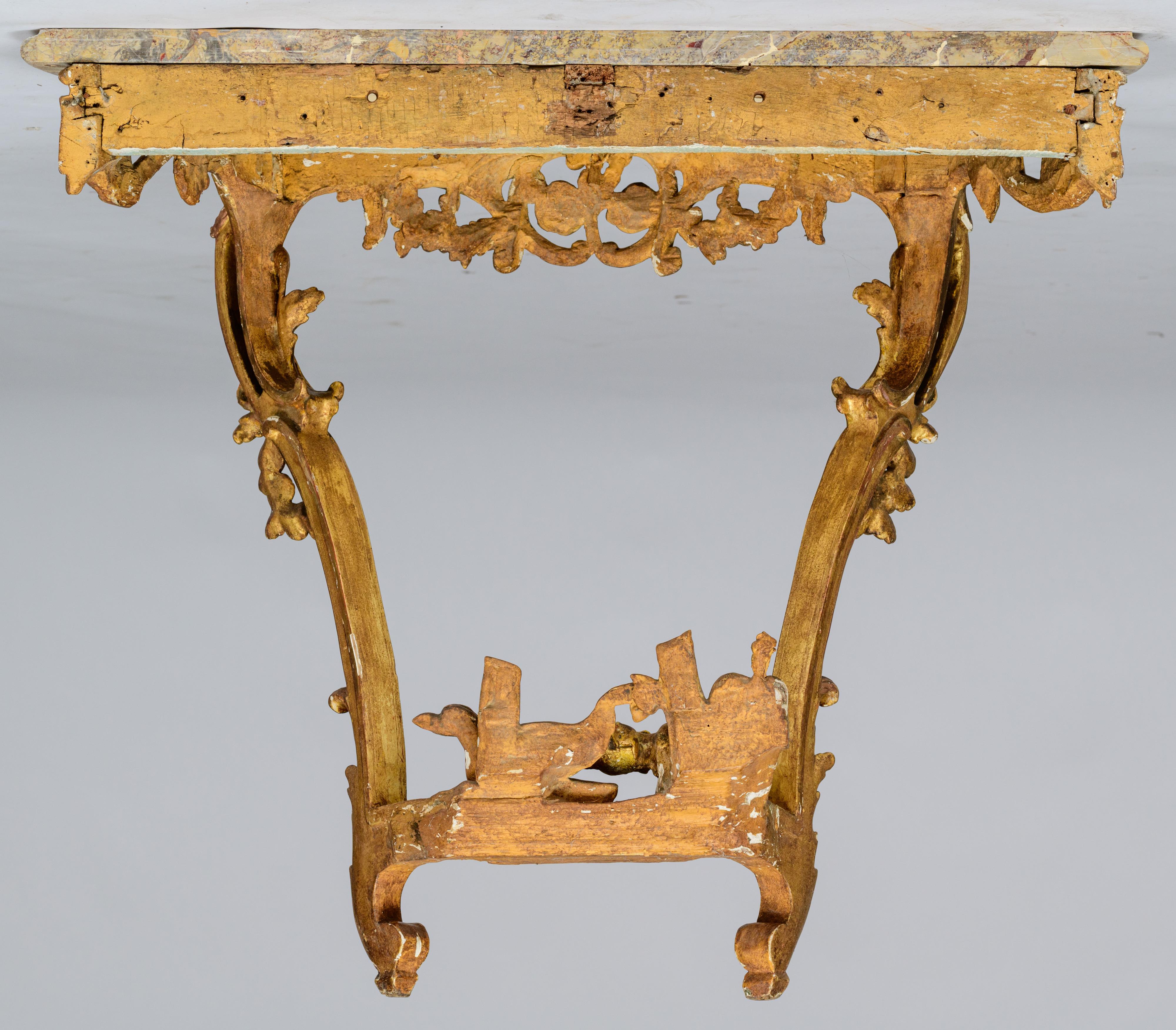 A gilt wooden Rococo console table, the bottom decorated with a carved scene of a dog chasing a duck - Image 4 of 9