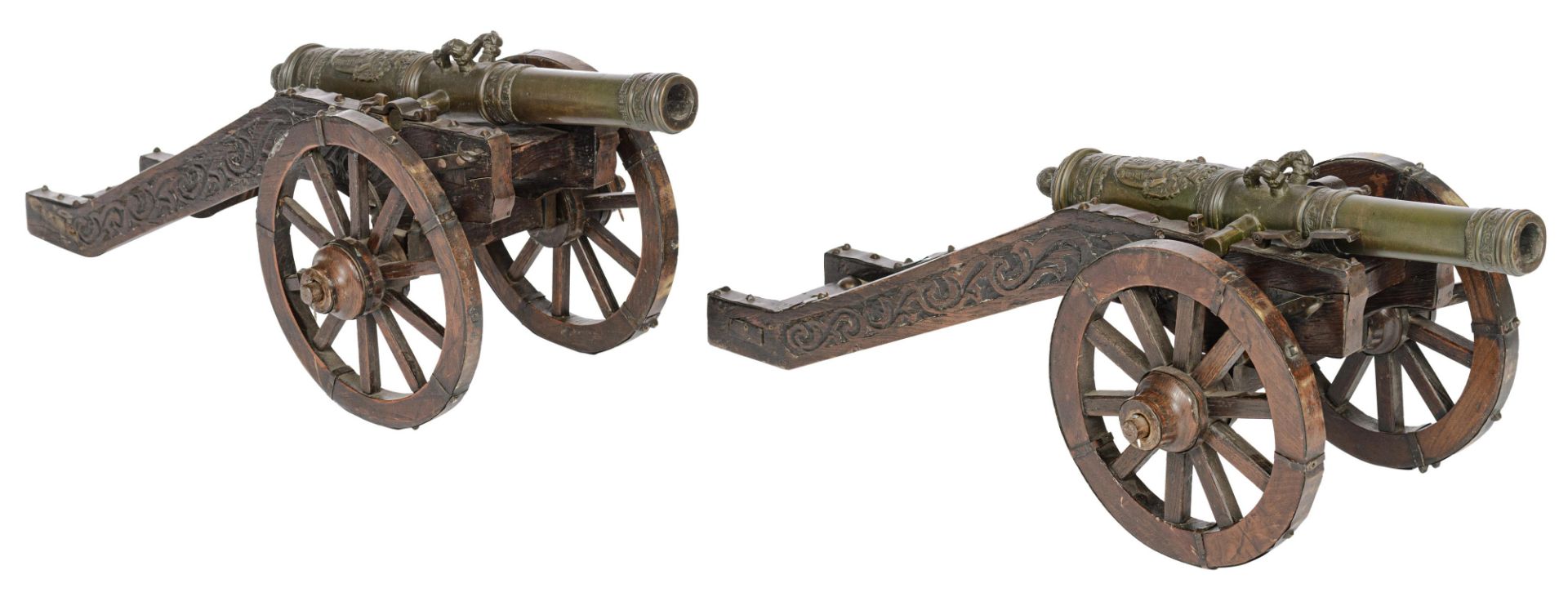 A pair of miniature bronze cannons, with the coat of arms of Dinant and inscription 'Nollet-Macret D