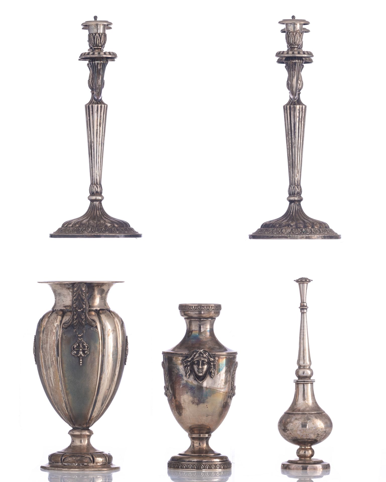 A pair of silver Neoclassical candlesticks, Belgian, maker's mark P.A., 800/000. Added: a silver Neo - Image 24 of 40