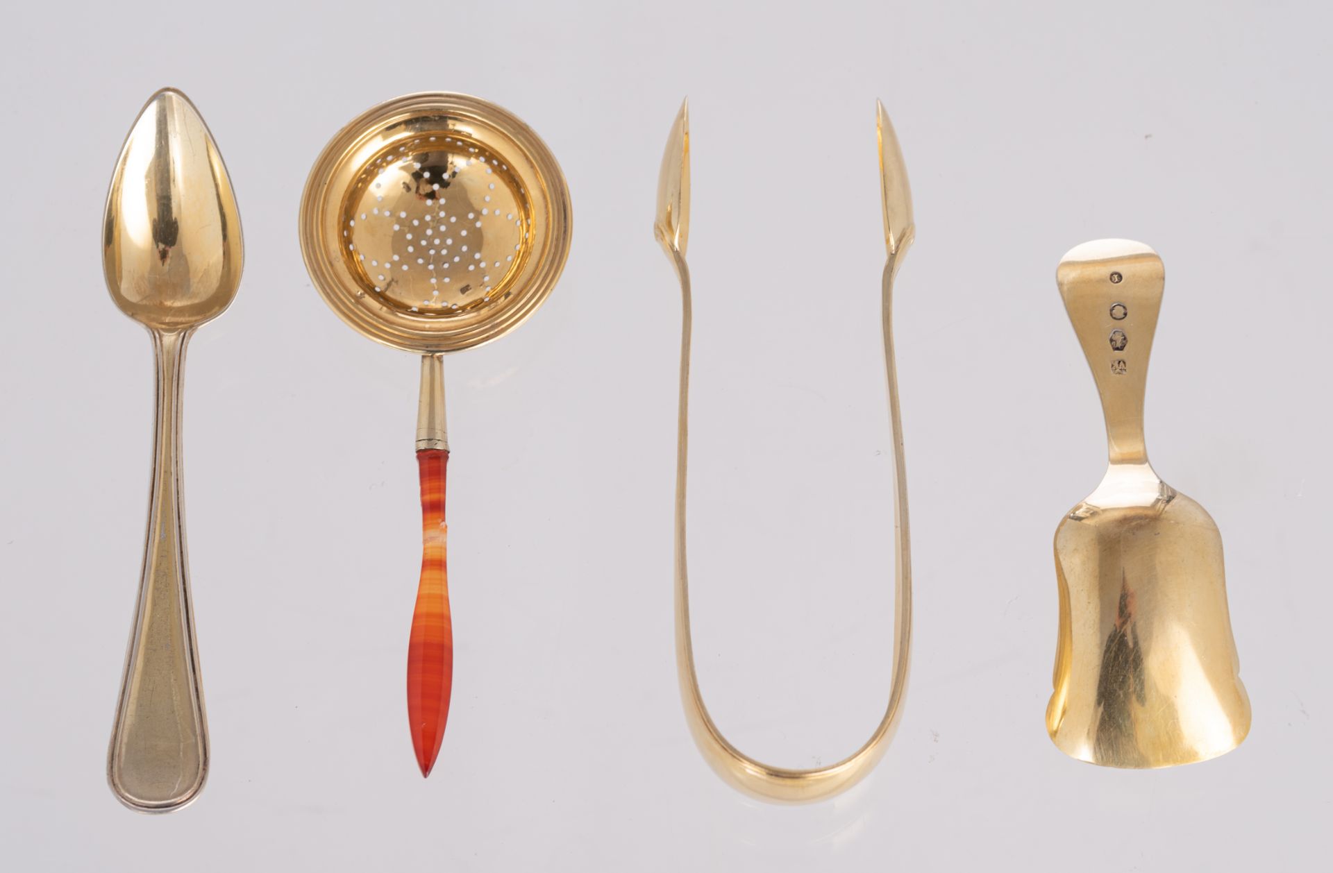 A silver vermeil tea set with 11 spoons, a tea strainer with a coloured glass stem, a spoon and a to - Image 11 of 19