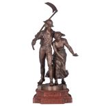 Boucher A., a young farmers' couple, brown patinated bronze on a rouge Napoleon marble base, H 87 -