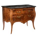 A fine walnut and mahogany Neoclassical commode, decorated with parquetry, gilt bronze mounts, a bon
