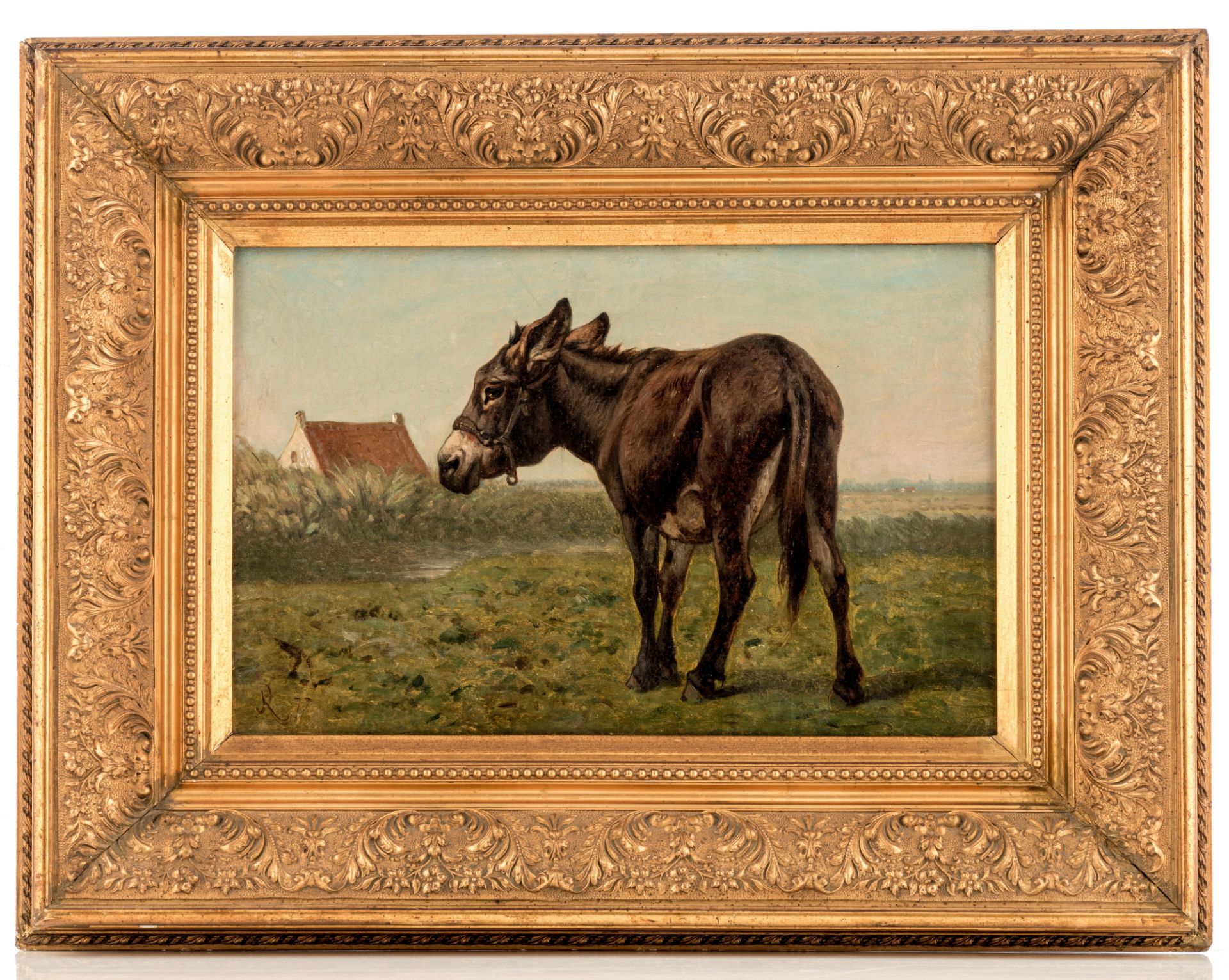 Monogrammed Louis Robbe, a donkey in the meadow, dated (18)77, oil on canvas with a wax seal mark of - Bild 2 aus 6