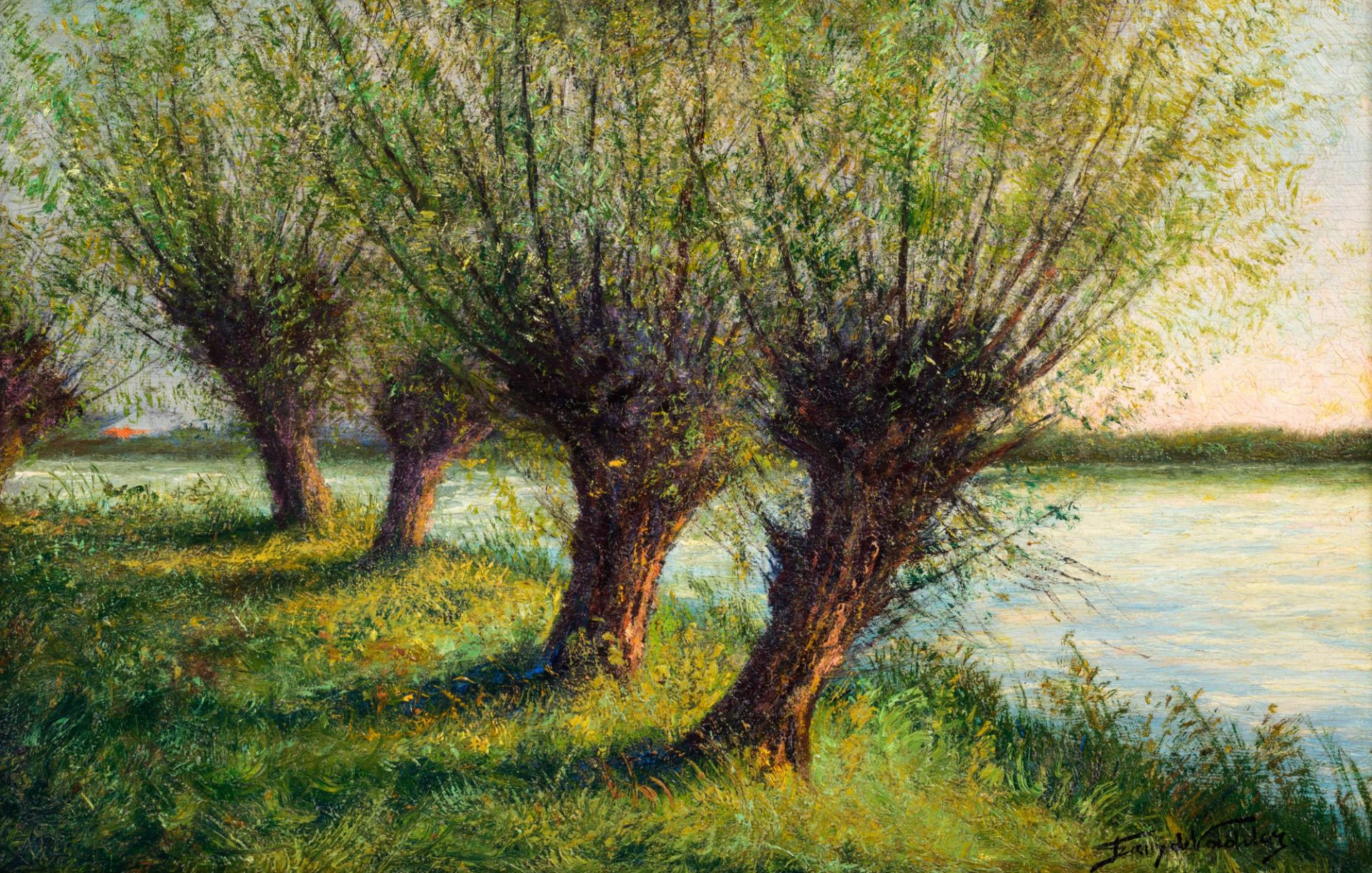 De Vadder F. pollard willows near the shore, oil on triplex, 35 x 53 cm. Added: Thiele K., a forest - Bild 2 aus 13