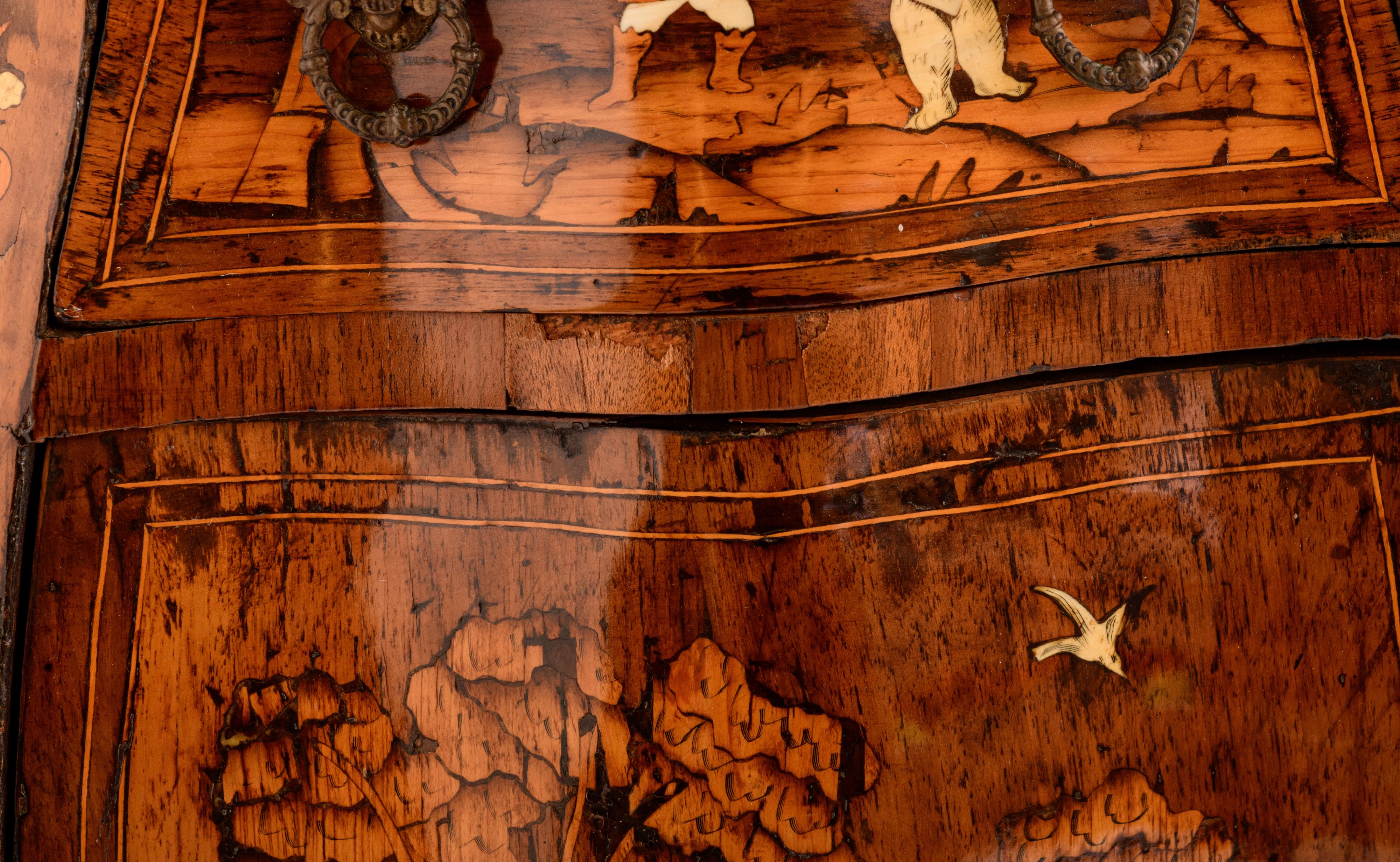 An exceptional pair of walnut veneered probably Italian Rococo side cabinets, decorated with marquet - Image 9 of 12