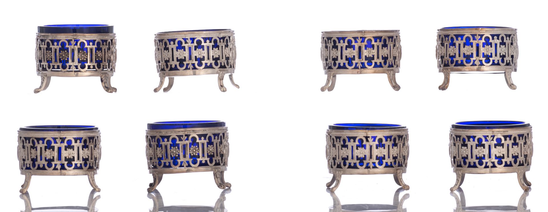 A set of eight Neoclassical silver salts with the blue glass liners and the matching spoons, French - Image 5 of 47