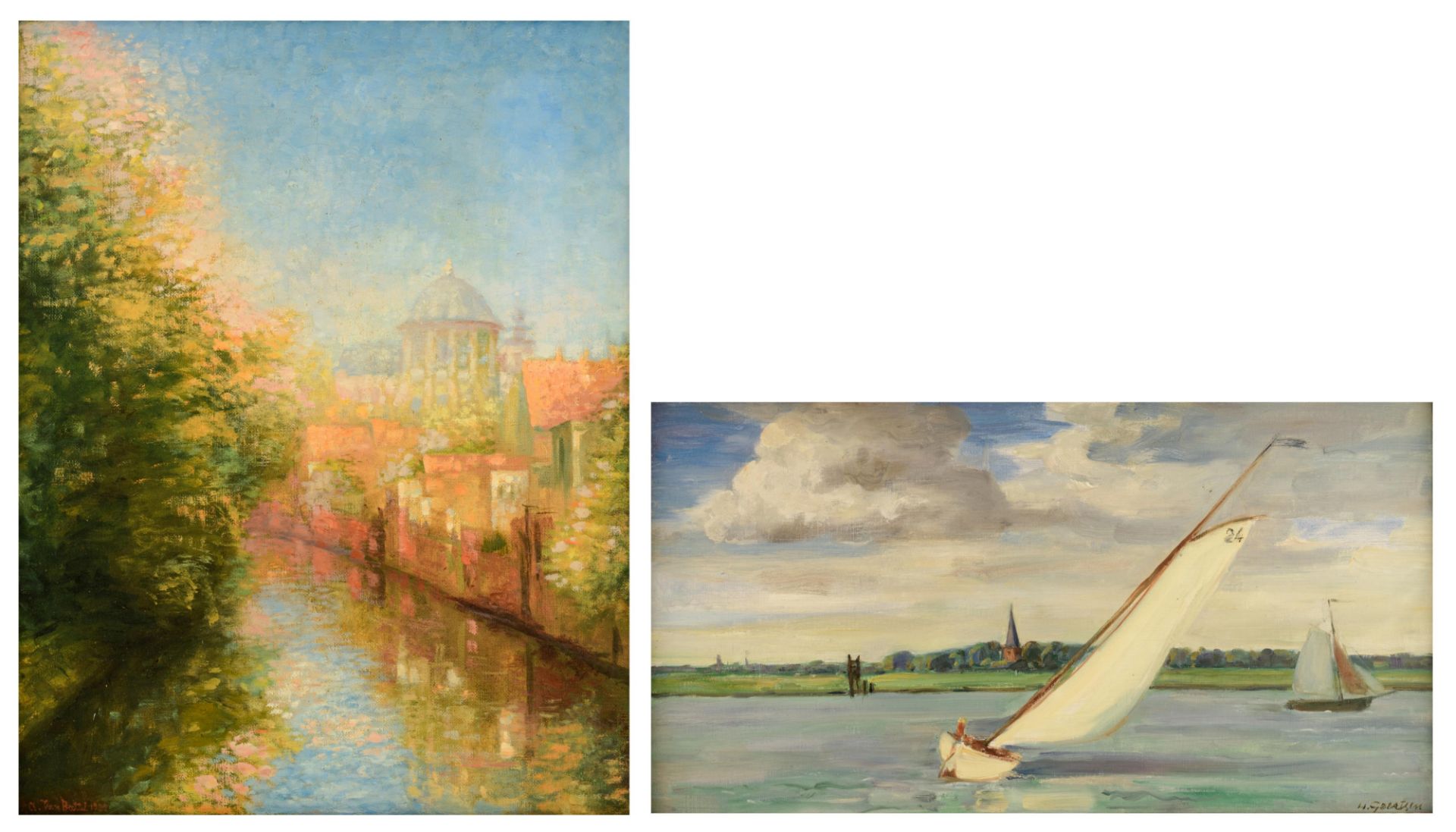 Van Battel A., the riverside in summer, dated 1922, oil on canvas, 40 x 50 cm. Added: Geersten H., t
