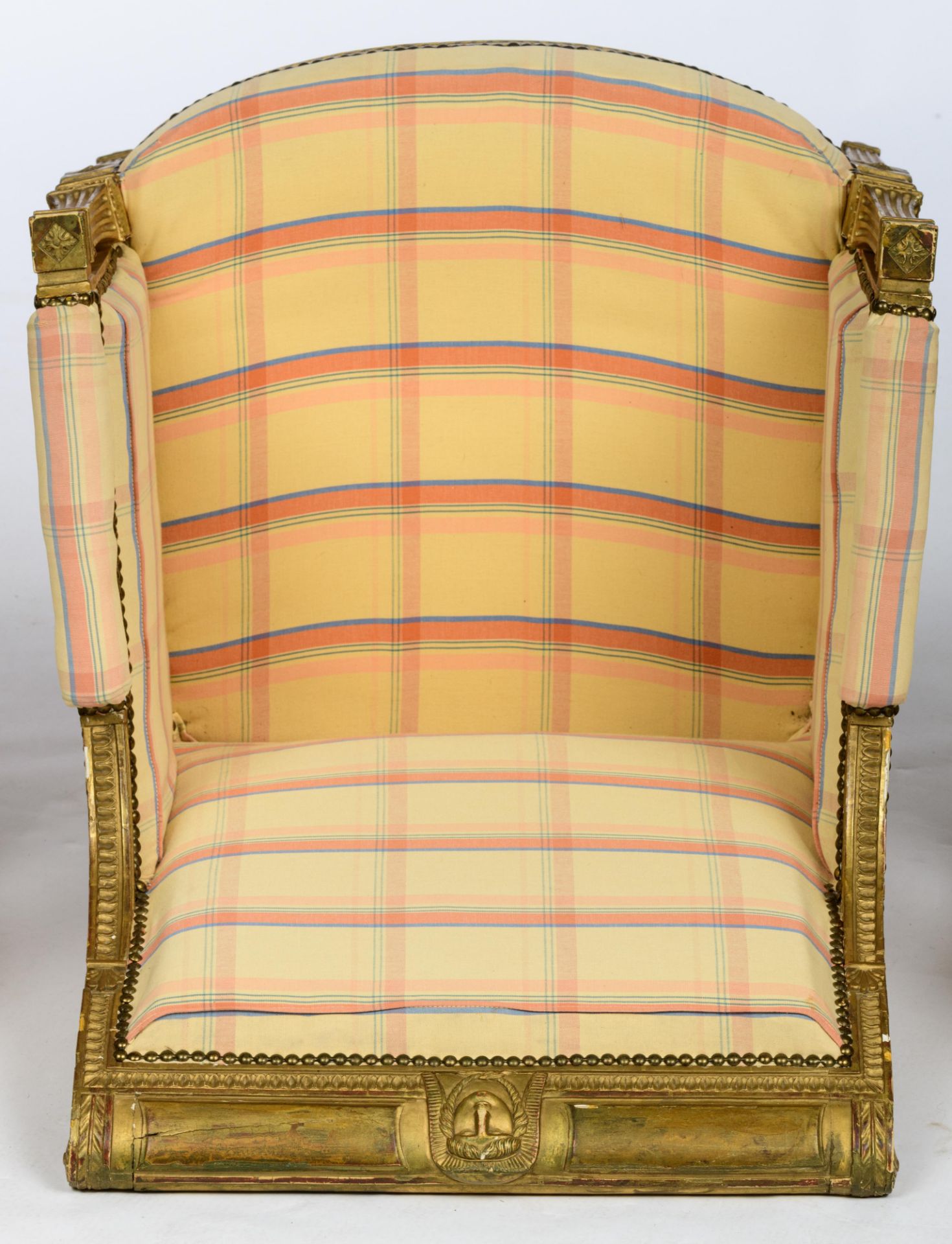 A gilt wooden French Directoire set of two armchairs and one 'bergŠre', 1795 - 1799, H 93 - W 58 - 6 - Image 7 of 14