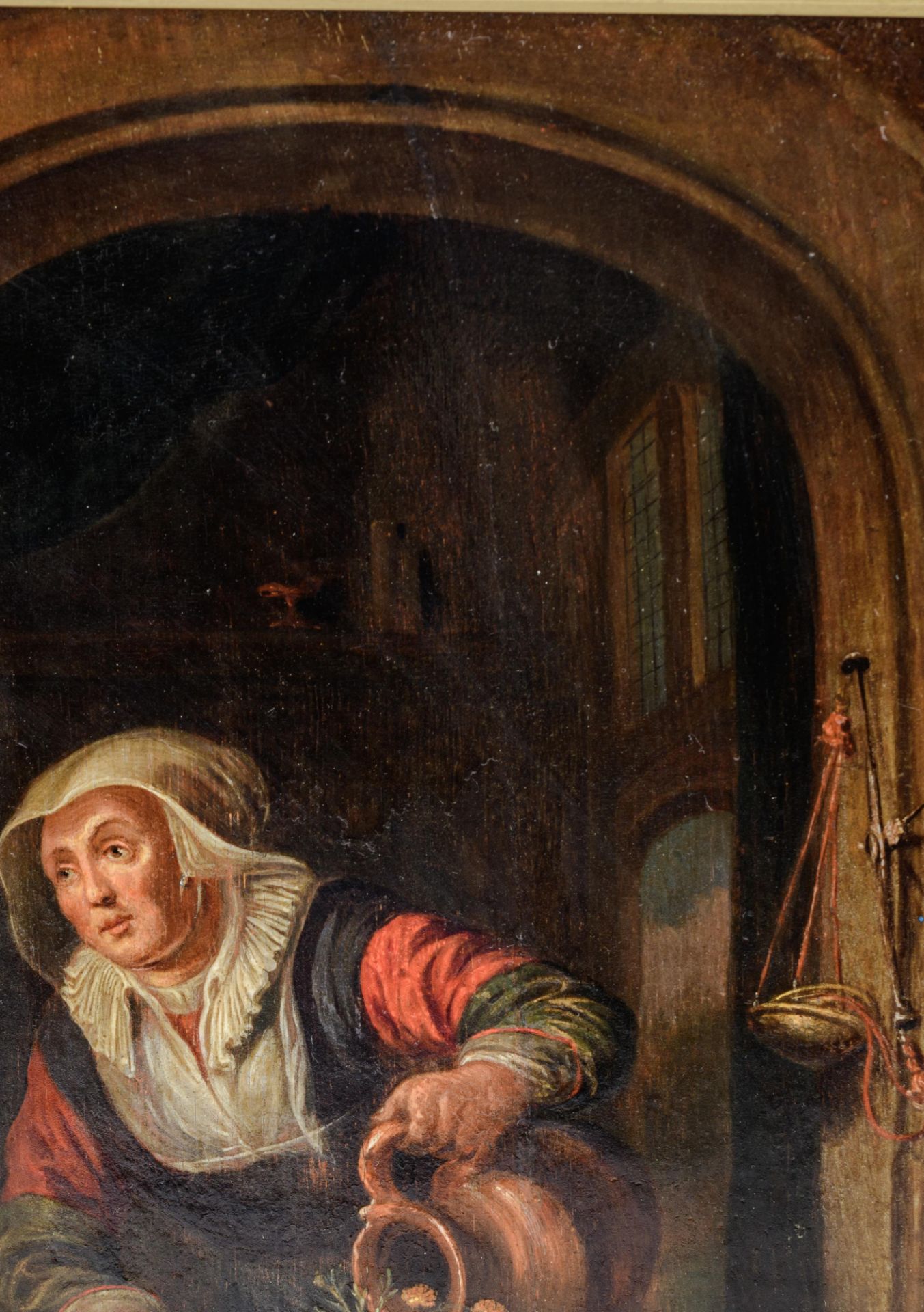 Unsigned (in the manner of Gerrit Dou),ÿthe maid watering the plant near the window, 17thC, the Nort - Bild 5 aus 6