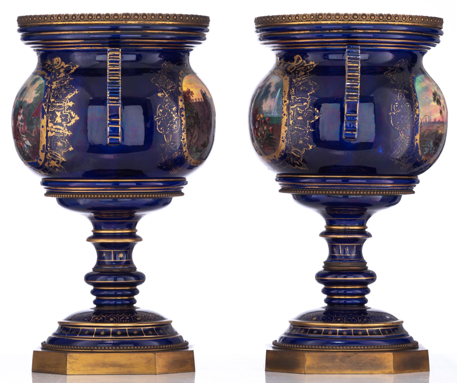 A pair of bleu royale ground SŠvres vases with brass mounts, the roundels polychrome decorated with - Image 2 of 13