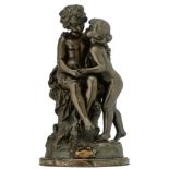 Moreau H., 'Un Secret', patinated bronze on a vert de mer marble base, H 67 - 70,5 (without and with