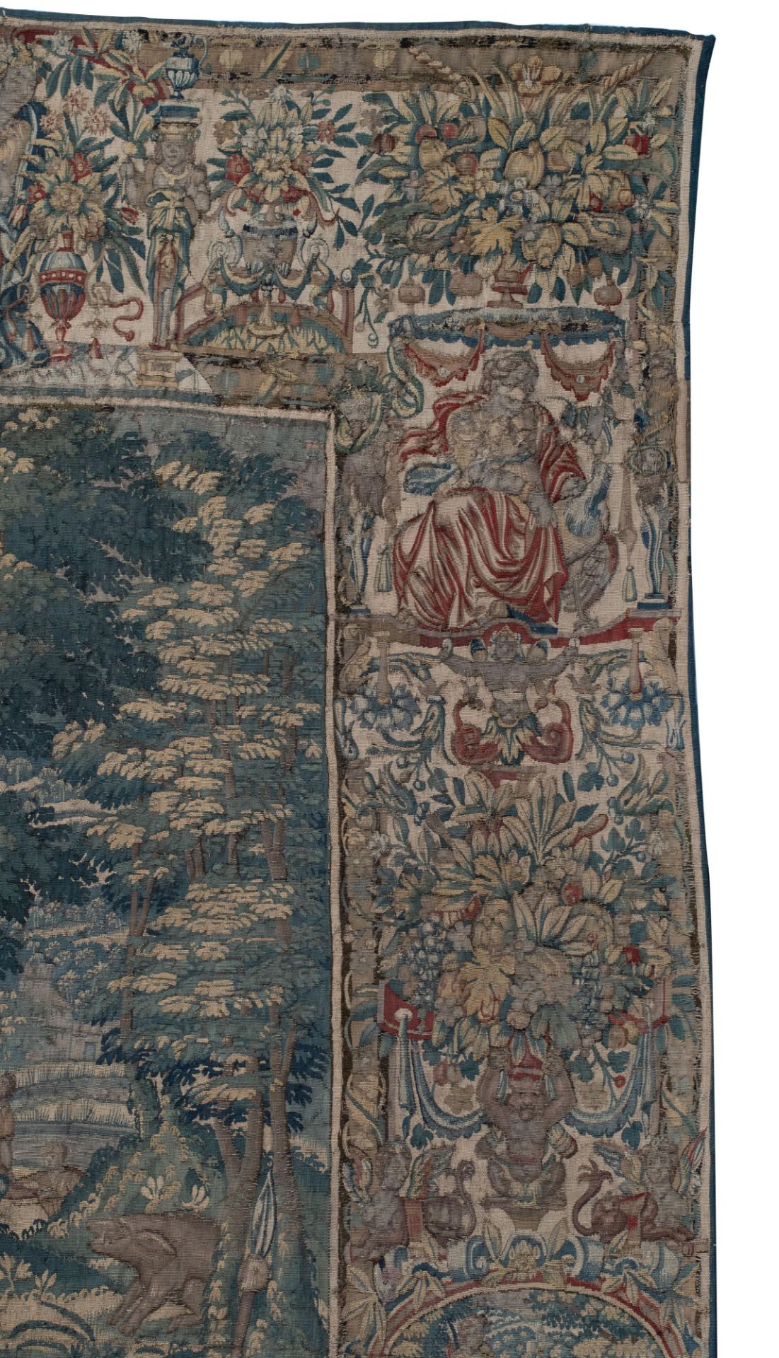 A Flemish wall tapestry, depicting wild boar hunting scenes, the border richly decorated with variou - Bild 24 aus 26