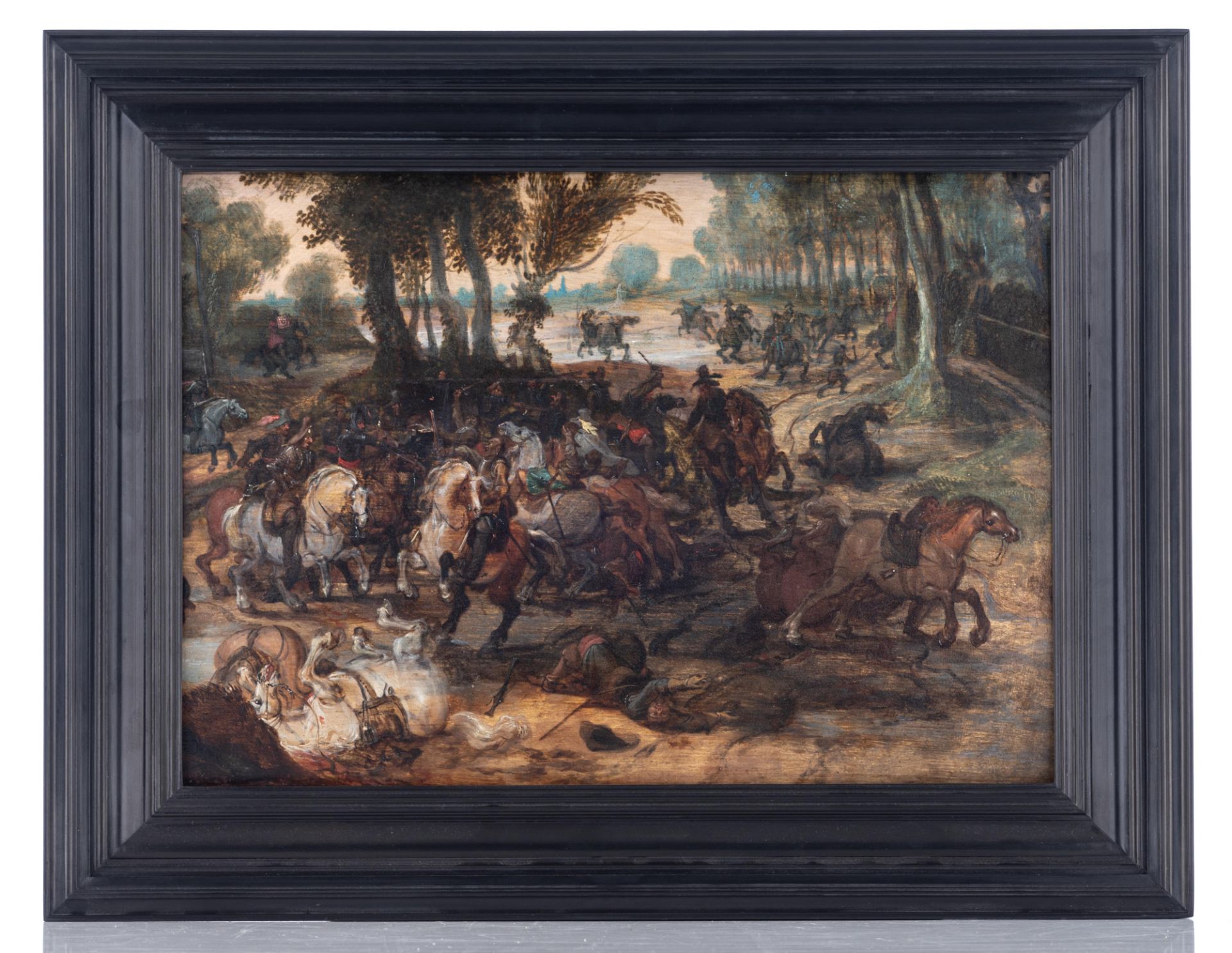 Attributed to/the circle of Vrancx S., a battle scene, oil on panel, 17thC, 25,5 x 36 cm - Image 13 of 13