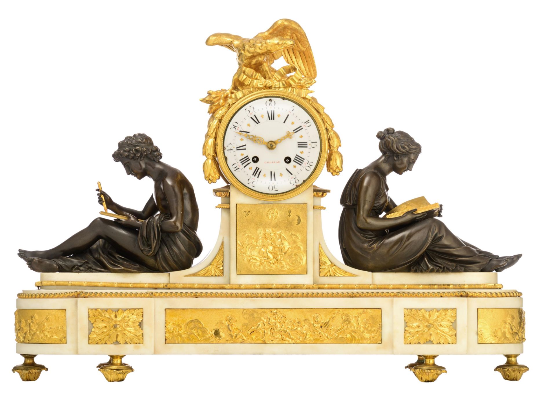 A fine Carrara marble, gilt and patinated bronze Empire mantle clock 'Aux Mar‚chaux', the white enam