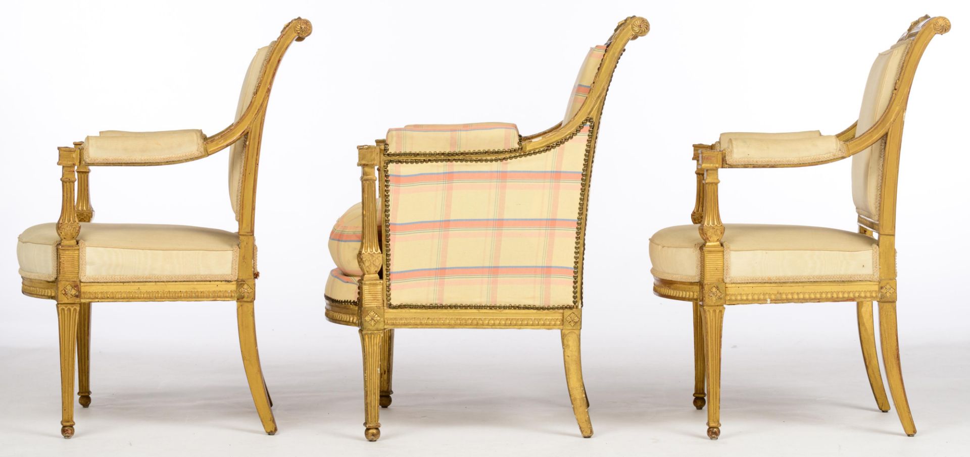 A gilt wooden French Directoire set of two armchairs and one 'bergŠre', 1795 - 1799, H 93 - W 58 - 6 - Image 3 of 14
