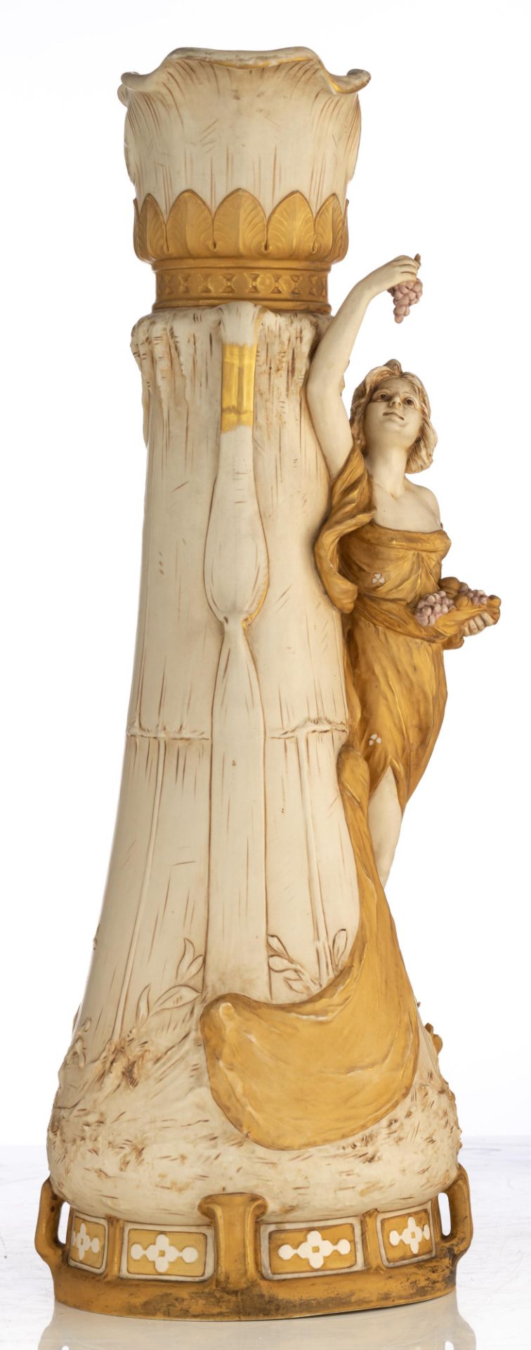 A fine and large Art Nouveau Royal Dux vase, relief decorated with a beauty enjoying a bunch of grap - Image 4 of 9