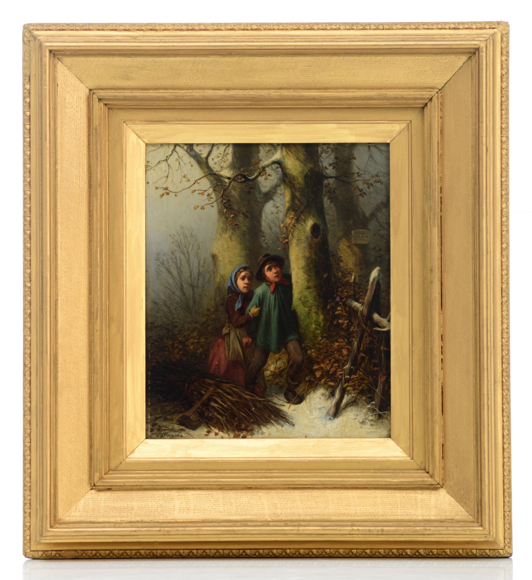 Mar”hn F., poor children gathering wood in winter, oil on panel, 25 x 31 cm - Bild 2 aus 7