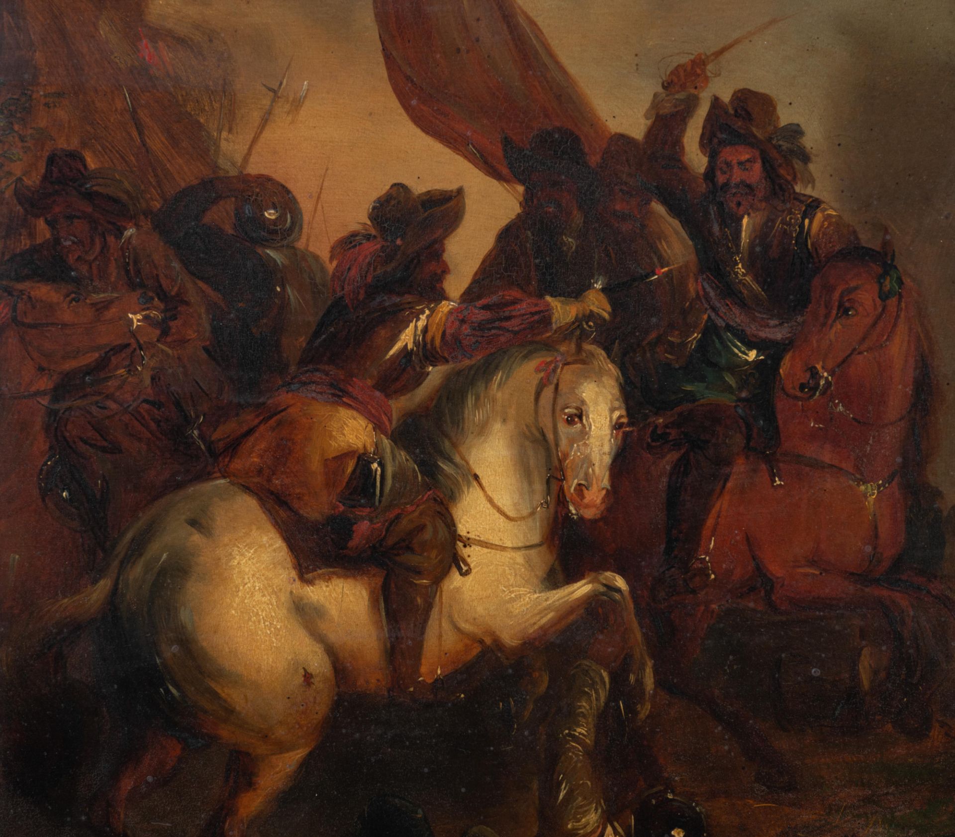 No visible signature, the heat of the battle, 19thC, oil on panel, 62 x 79 cm - Image 4 of 8