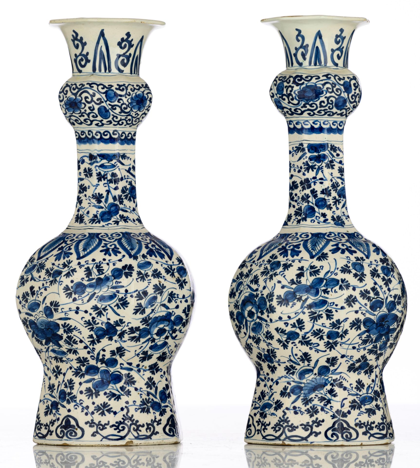 A pair of blue and white floral decorated Dutch Delftware garlic bottle vases, 18thC, H 37 cm. Added - Bild 2 aus 17