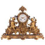A fine gilt bronze Rococo Revival mantle clock, decorated with putti symbolizing fertility and the h