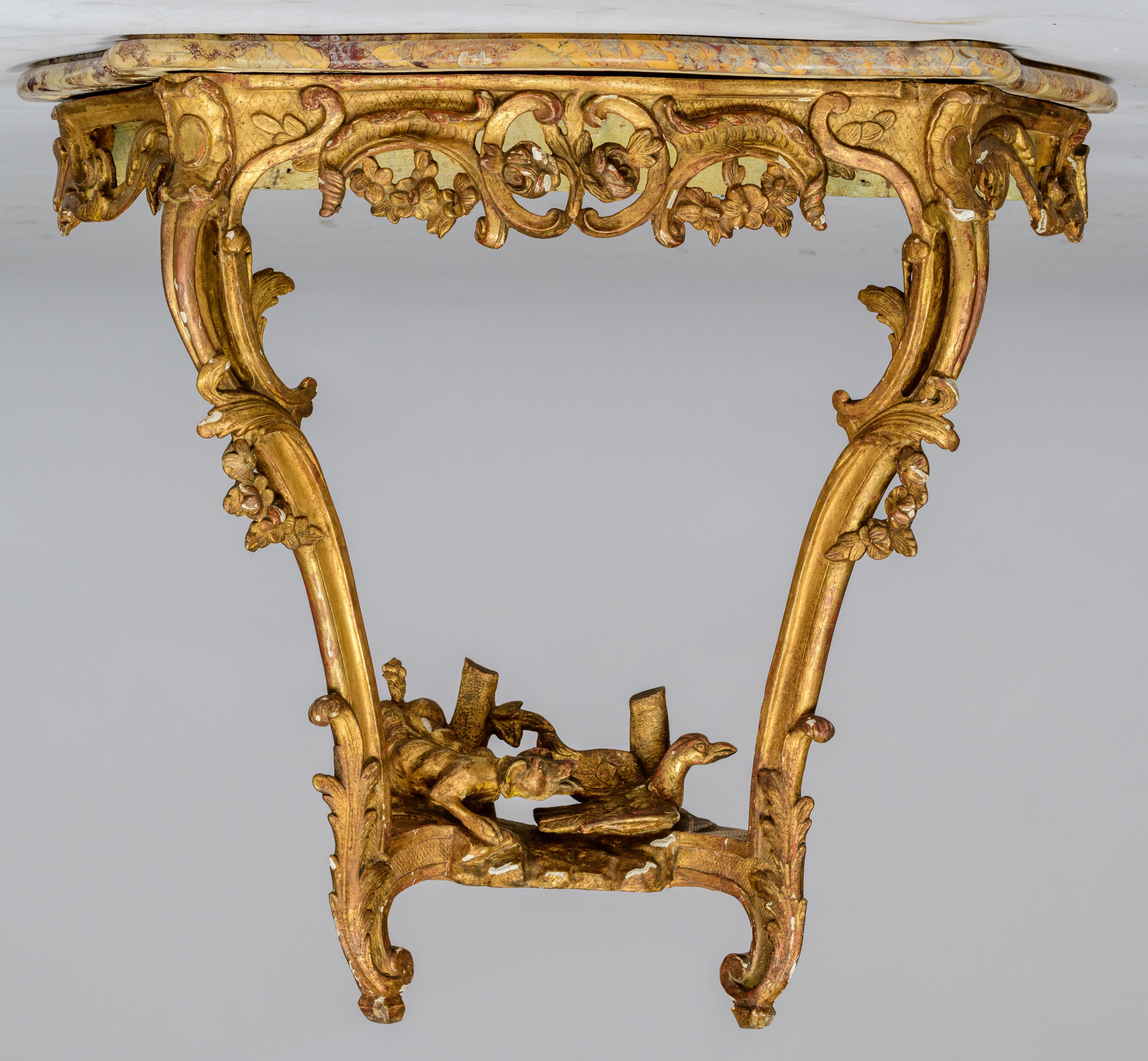 A gilt wooden Rococo console table, the bottom decorated with a carved scene of a dog chasing a duck - Image 2 of 9