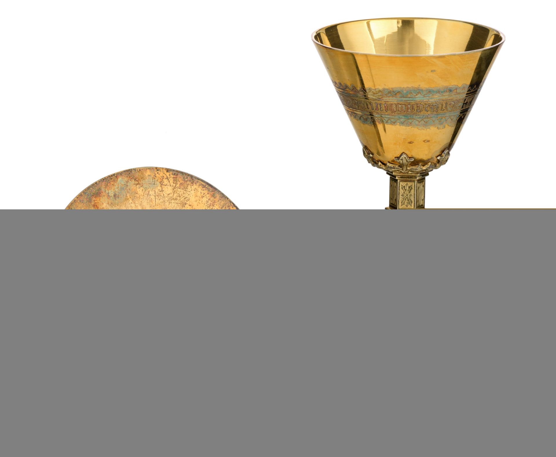 A six-lobed silver, gilt silver and partly blue enamelled Gothic Revival chalice set with cabochon-c - Image 11 of 20