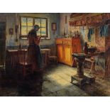 Elle E., a woman doing domestic work in an interior near the stove, oil on canvas, 79 x 101 cm