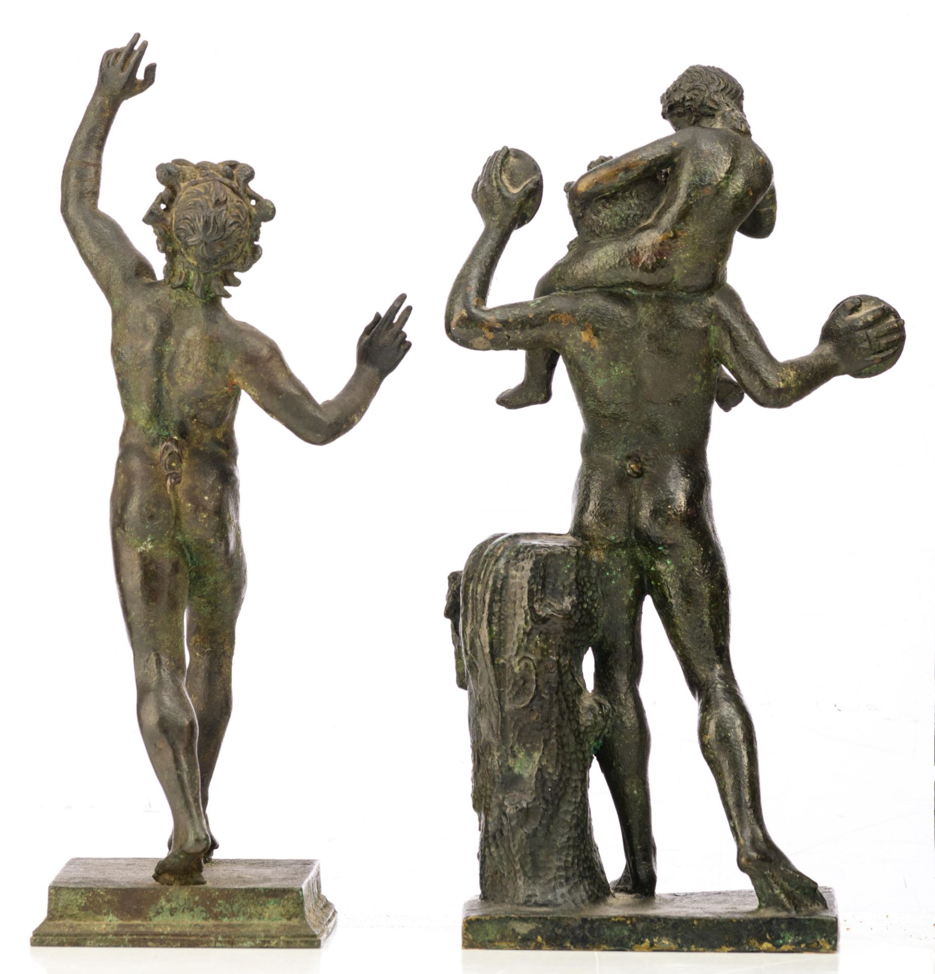 Two green patinated bronze Bacchus figures, H 30 - 30,5 cm - Image 3 of 6