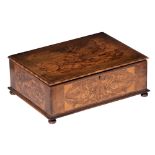 A fine walnut covered box, decorated with marquetry depicting to the top the mythological story of P