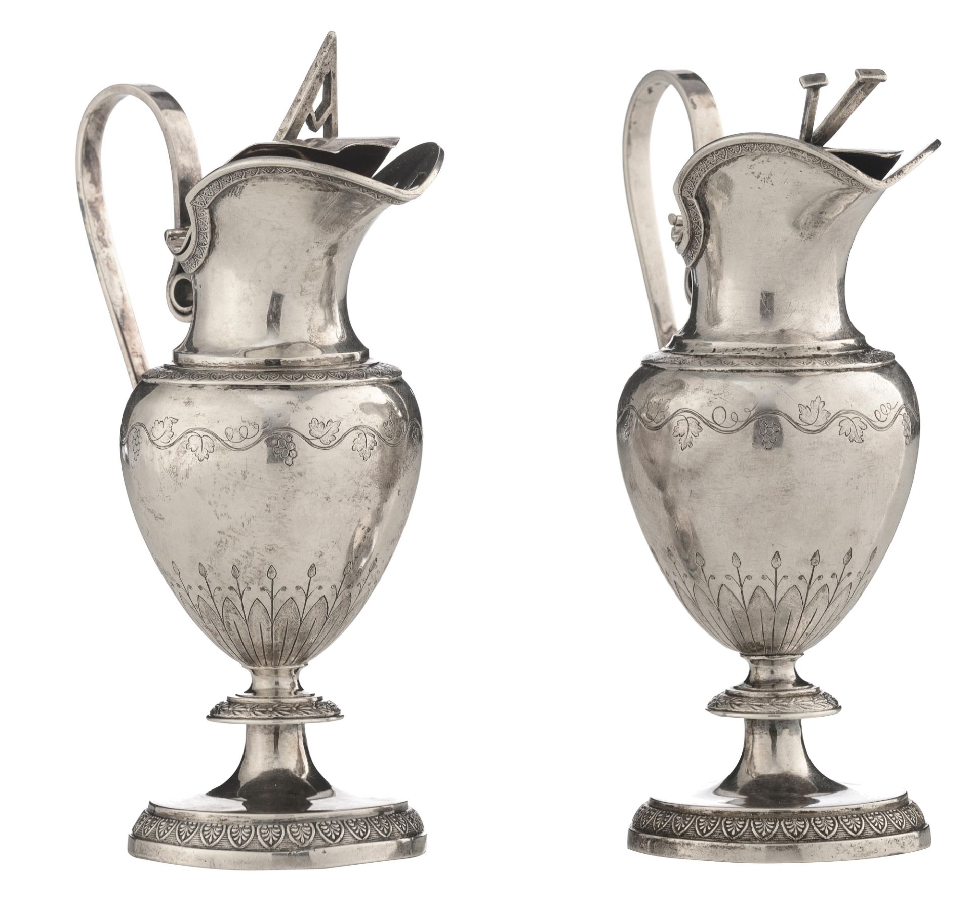 A fine Neoclassical silver ampoule set for water and wine, 'Aqua and Vino', decorated with palmettes