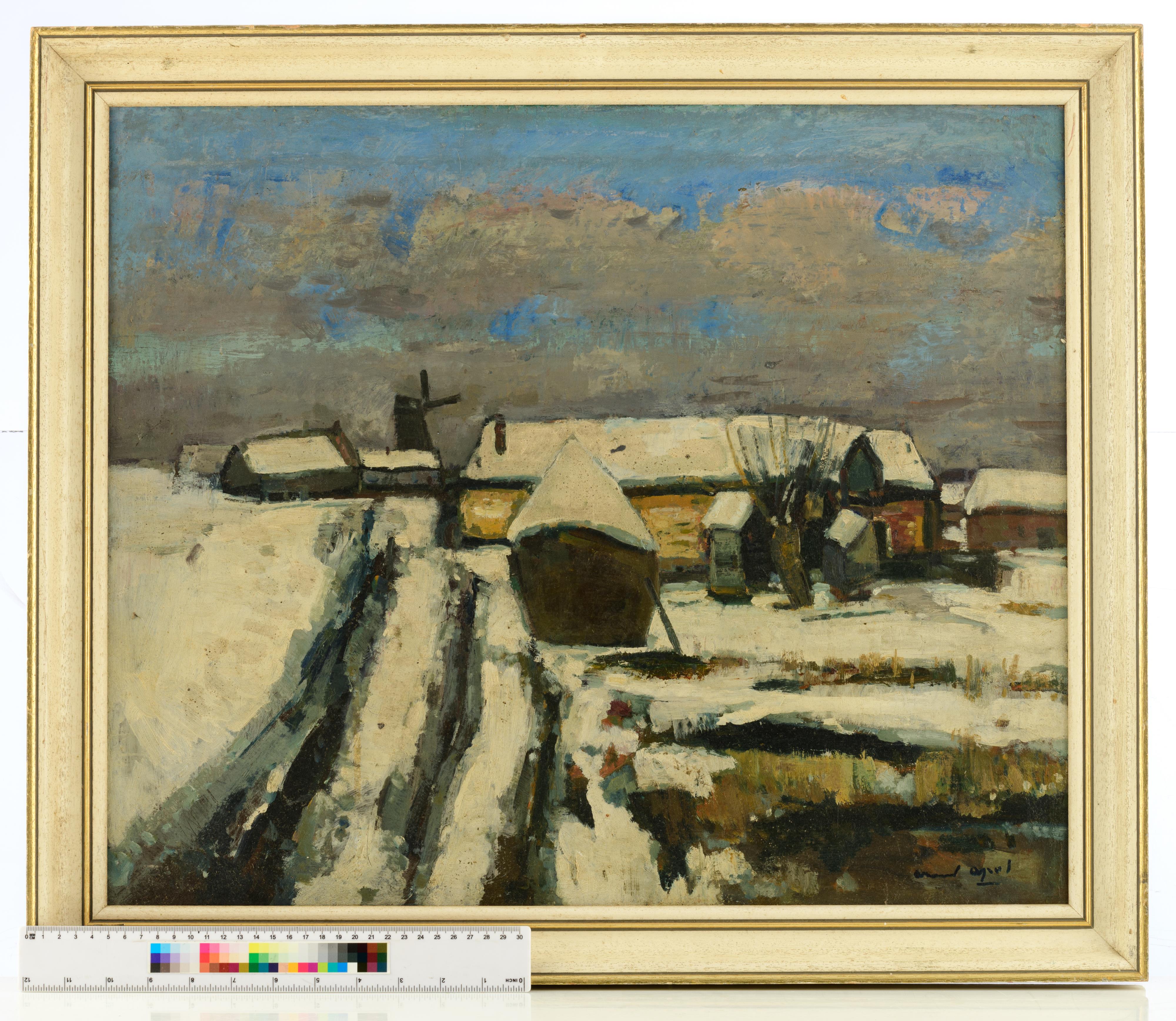 Apol A., a rural view in winter, oil on canvas, 50 x 60 cm. Added: Frank L., a cloudy view on Bruges - Image 7 of 7