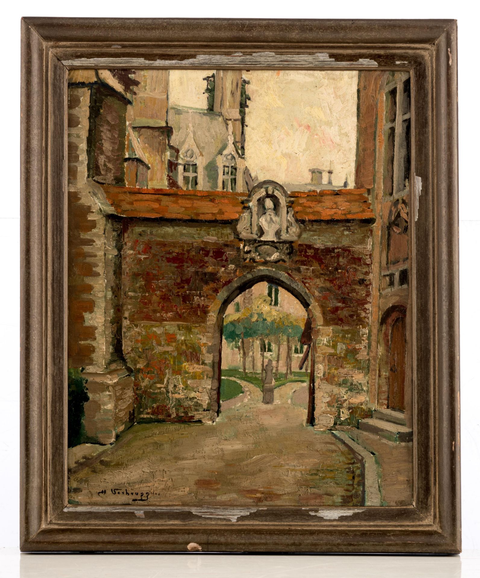 Verbrugghe Ch., a view on the gate at Gruuthuse in Bruges, oil on triplex, 36 x 46 cm. Added: Verbru - Image 6 of 8