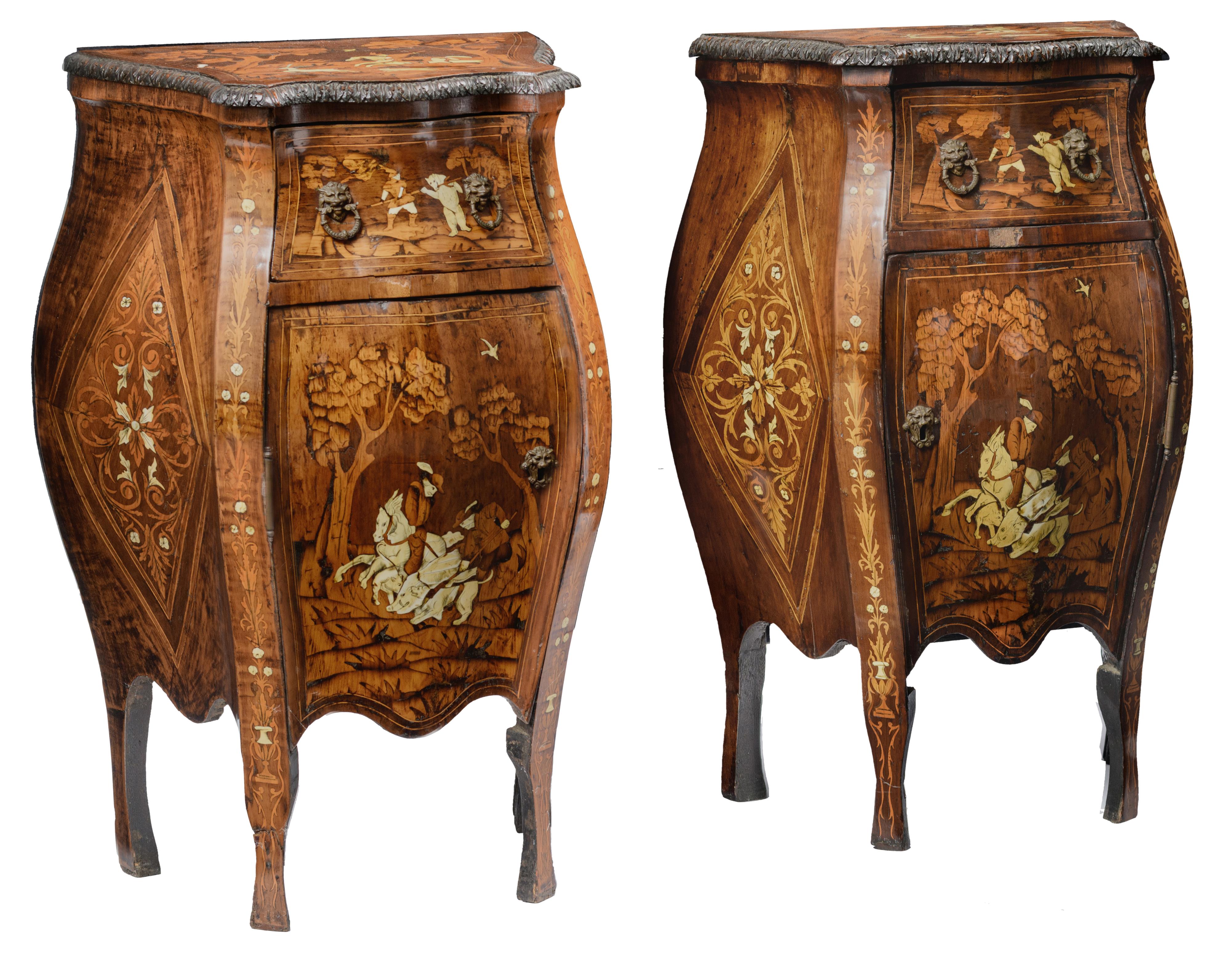 An exceptional pair of walnut veneered probably Italian Rococo side cabinets, decorated with marquet