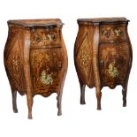 An exceptional pair of walnut veneered probably Italian Rococo side cabinets, decorated with marquet