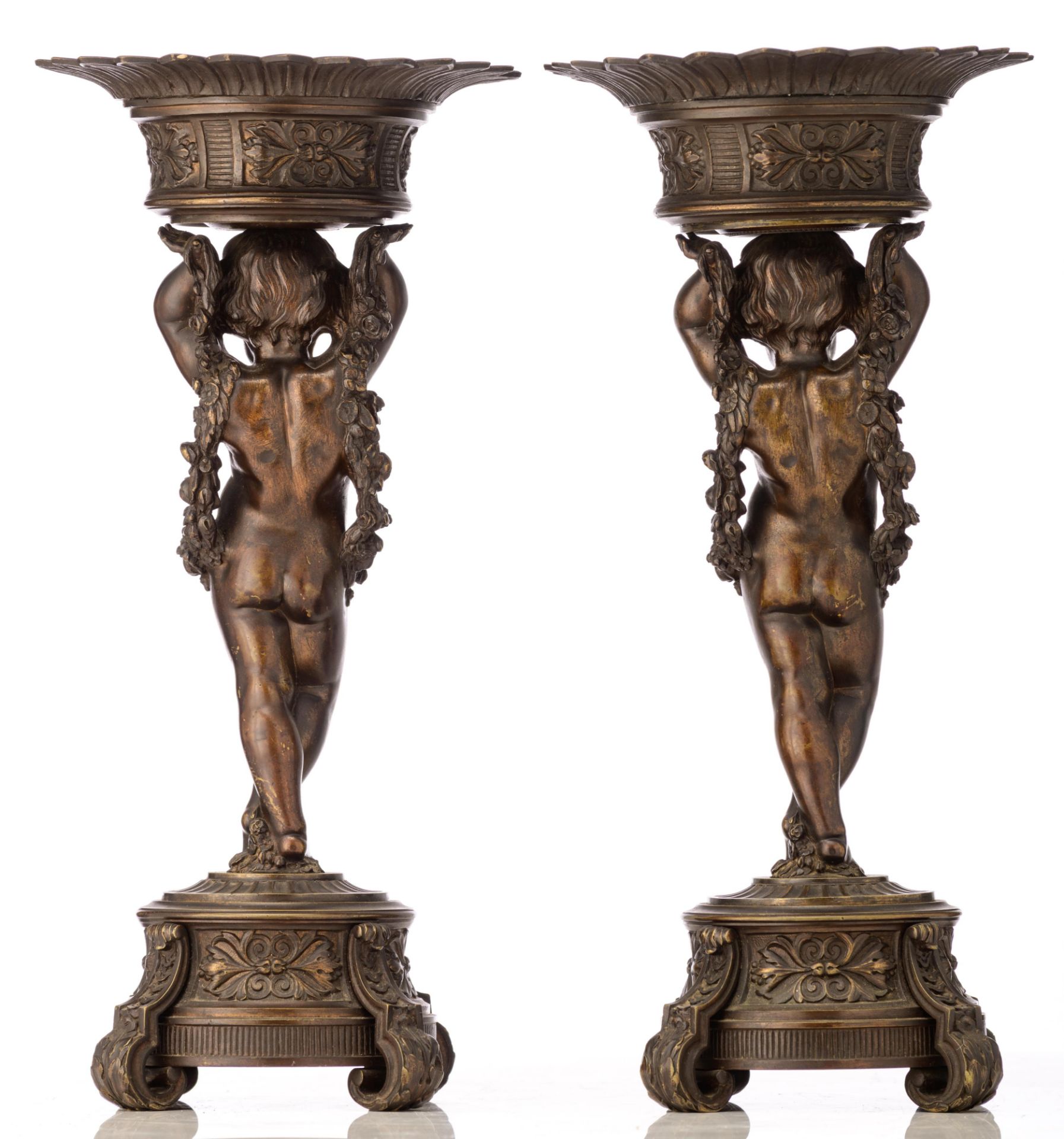 A pair of bronze urns, decorated with putti and garlands, H 40 cm - Image 3 of 11