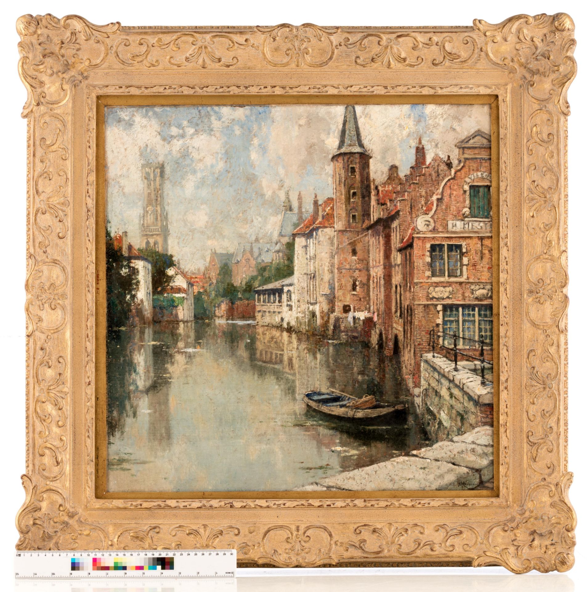 Indistinctly signed (T. Haddessier...?), a view on the Quay of the Rosary in Bruges, oil on cardboar - Image 5 of 6