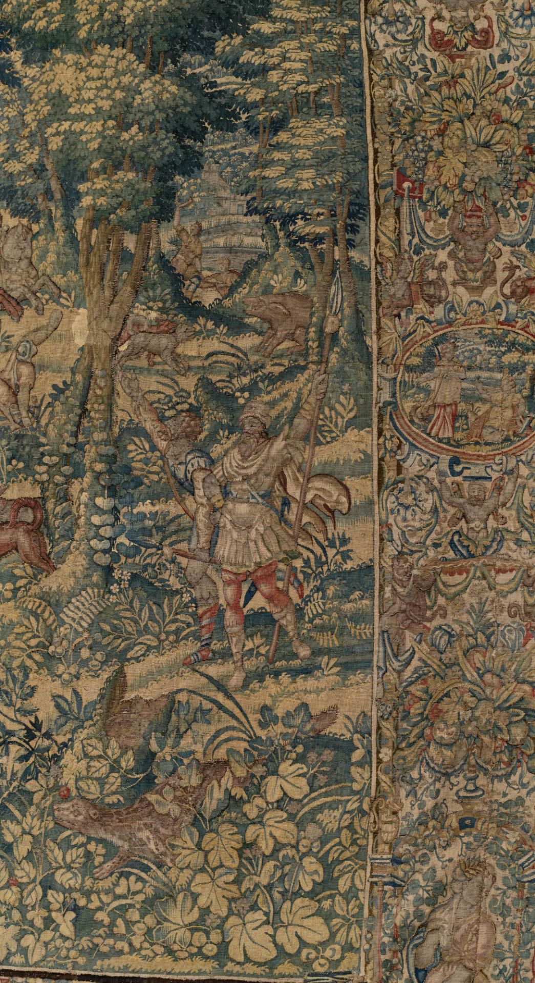 A Flemish wall tapestry, depicting wild boar hunting scenes, the border richly decorated with variou - Bild 13 aus 26