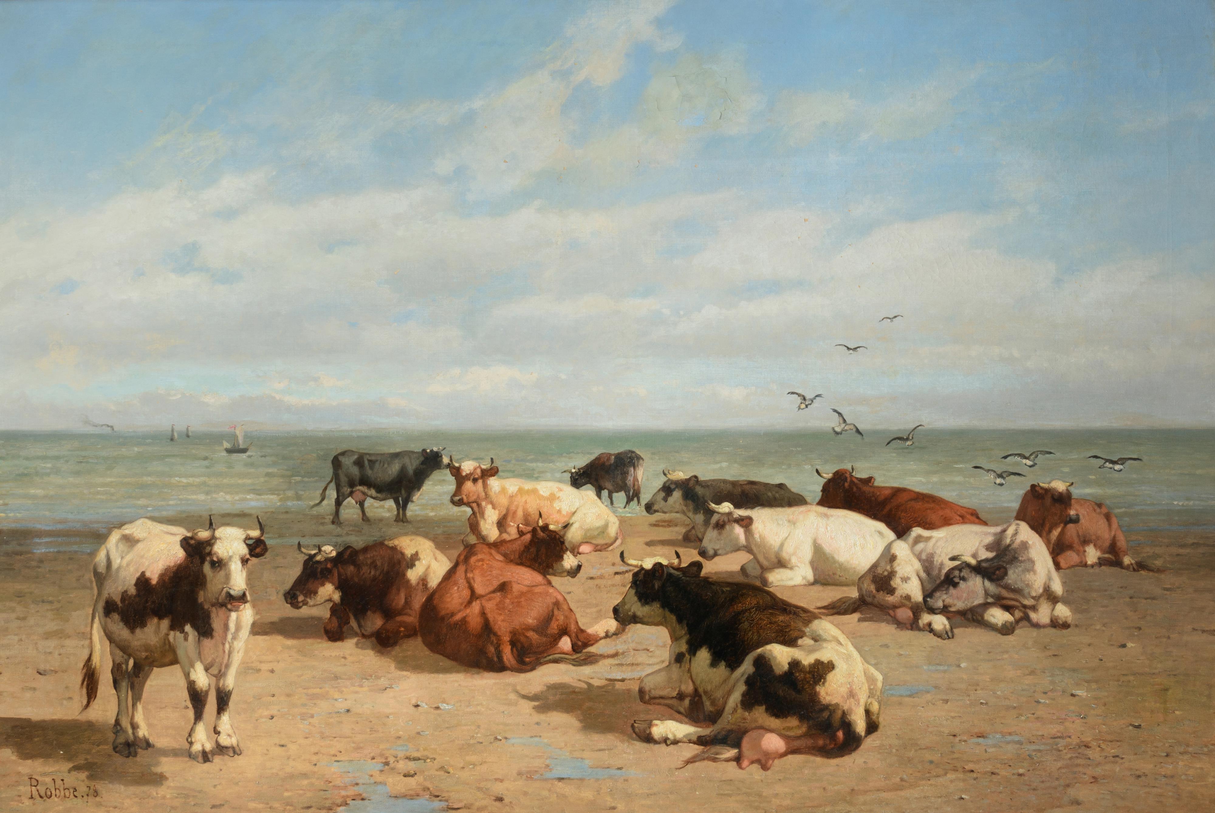 Robbe L. cows resting at the beach, dated (18)78, oil on canvas, 93 x 135 cm