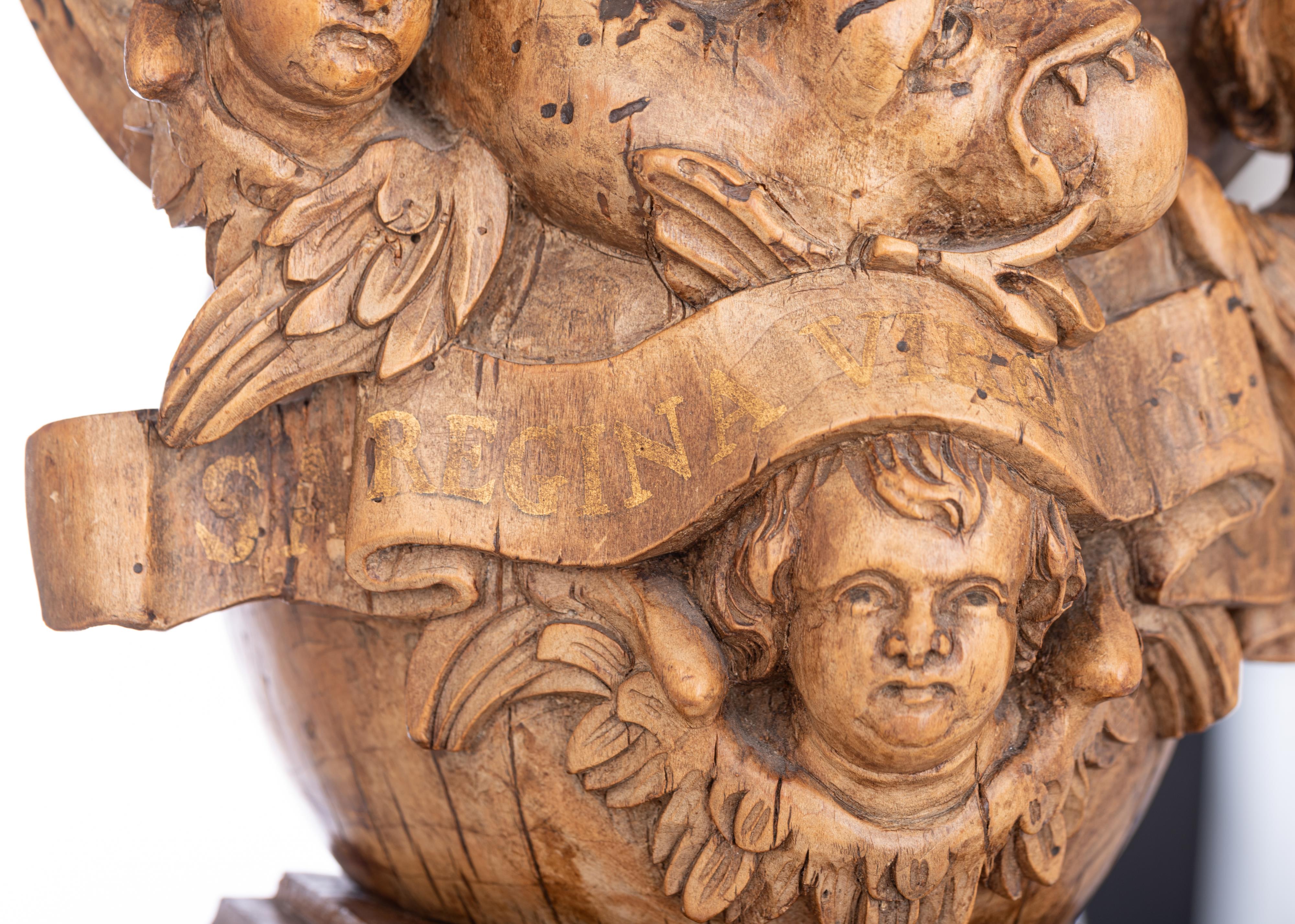 A walnut sculpture of the Madonna holding the Holy Child and standing on the crescent moon destroyin - Image 17 of 19